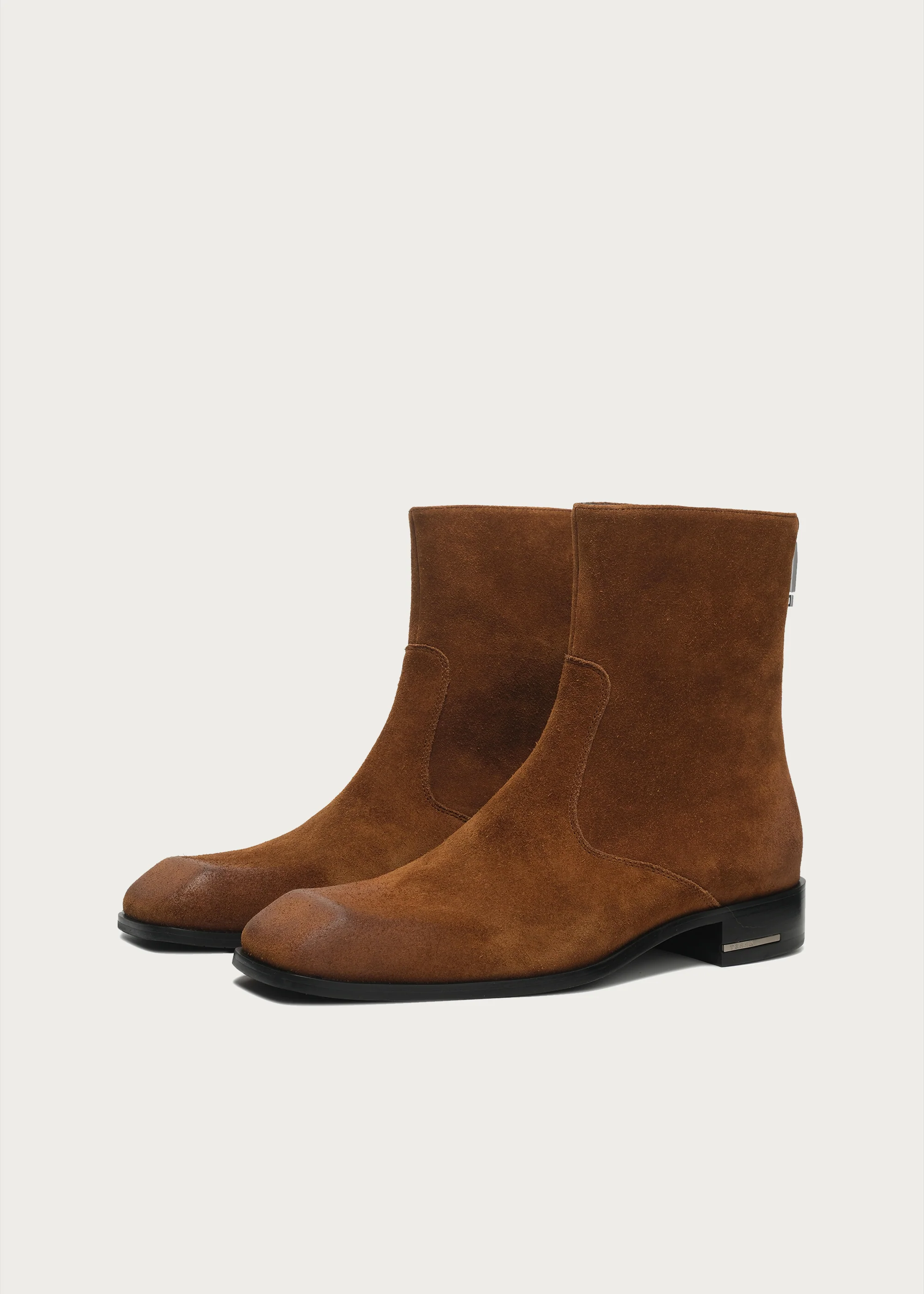 Beveled Square-Toe Cowhide Ankle Boots Brown - Image 3
