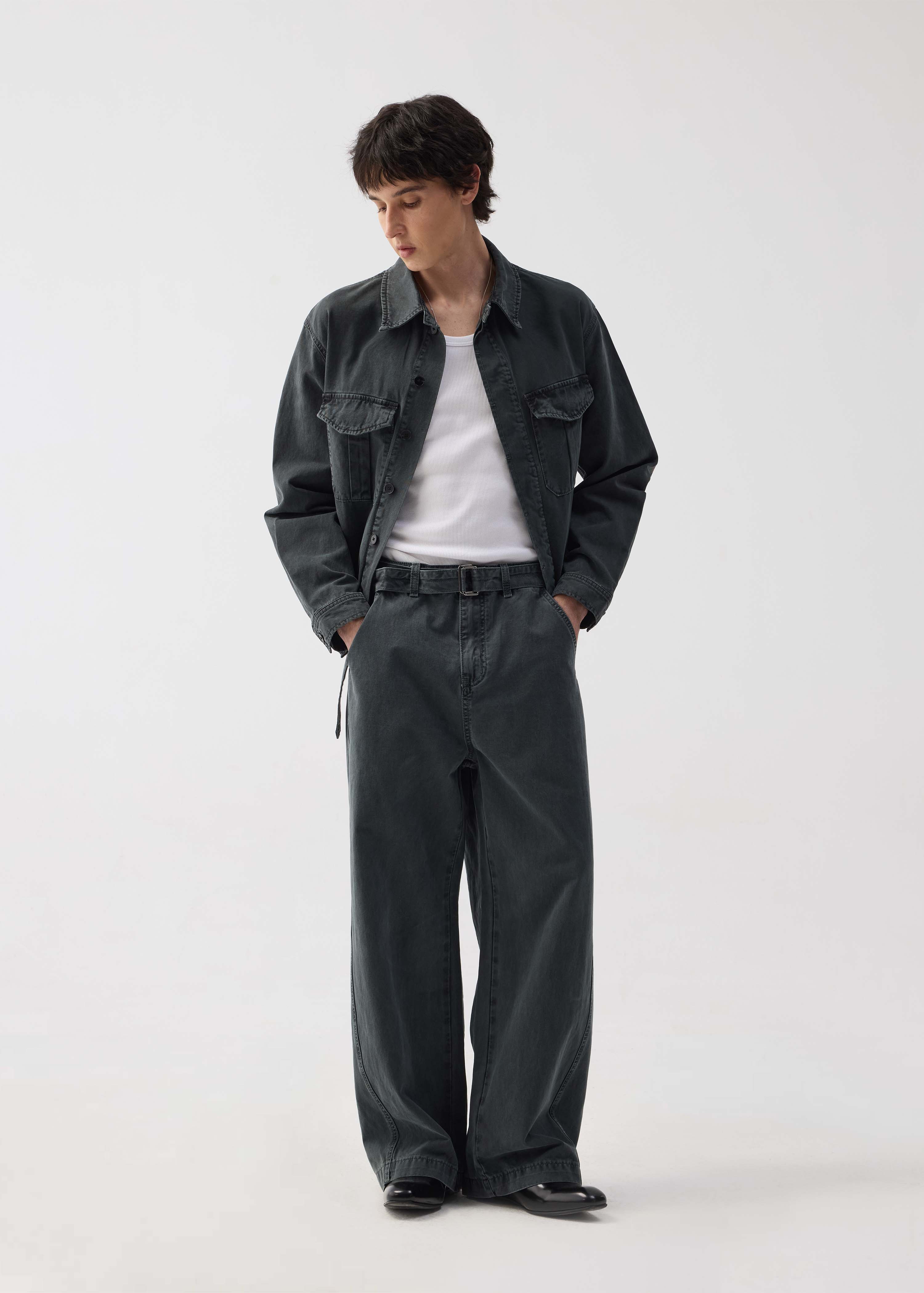 Washed Twill Denim Jeans with Belt Dark Green - Image 2